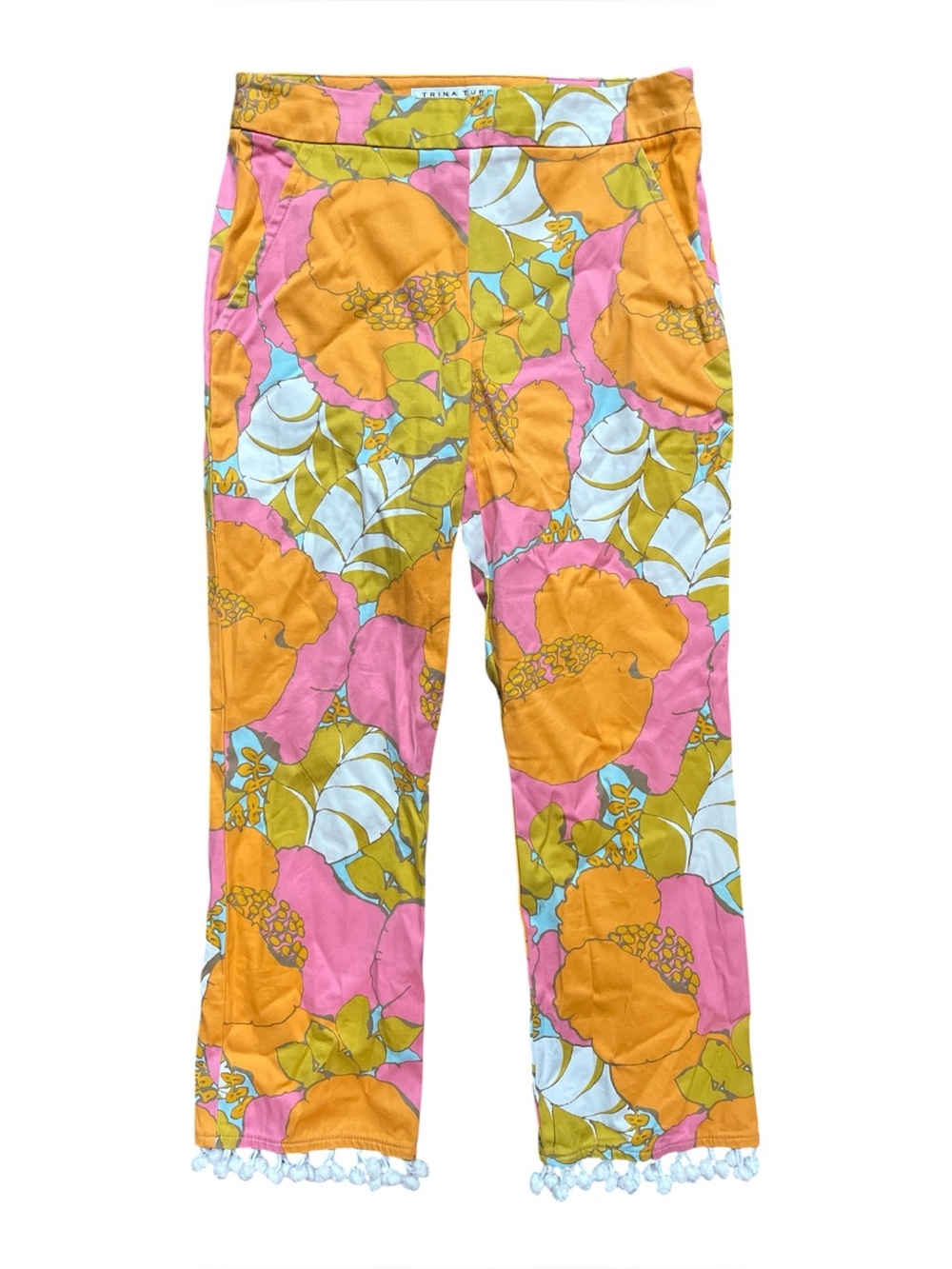 Trina Turk Flaire Tassel Trim Cropped Pants Colorful Resortwear Size 2